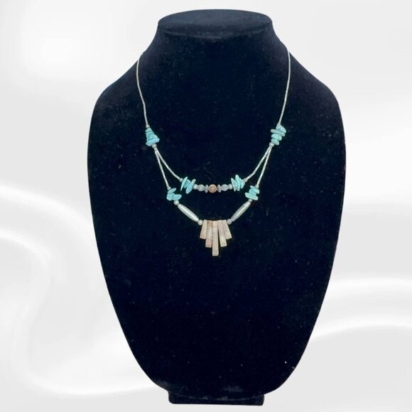 Turquoise Chip Bead Necklace | Layered Native Boho Tribal Jewelry | Statement Pe - Picture 2 of 5